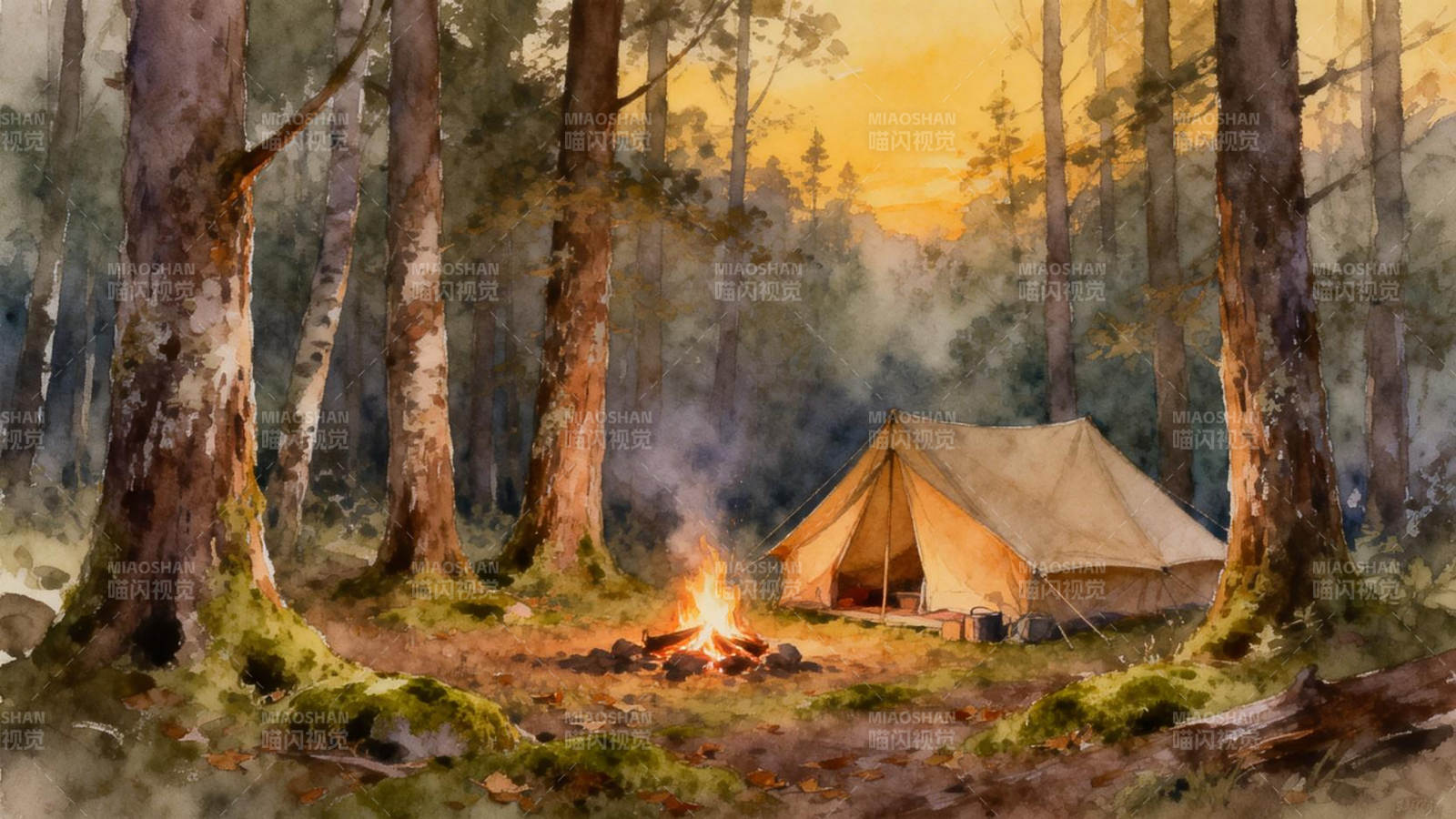 林间篝火夜宿图片