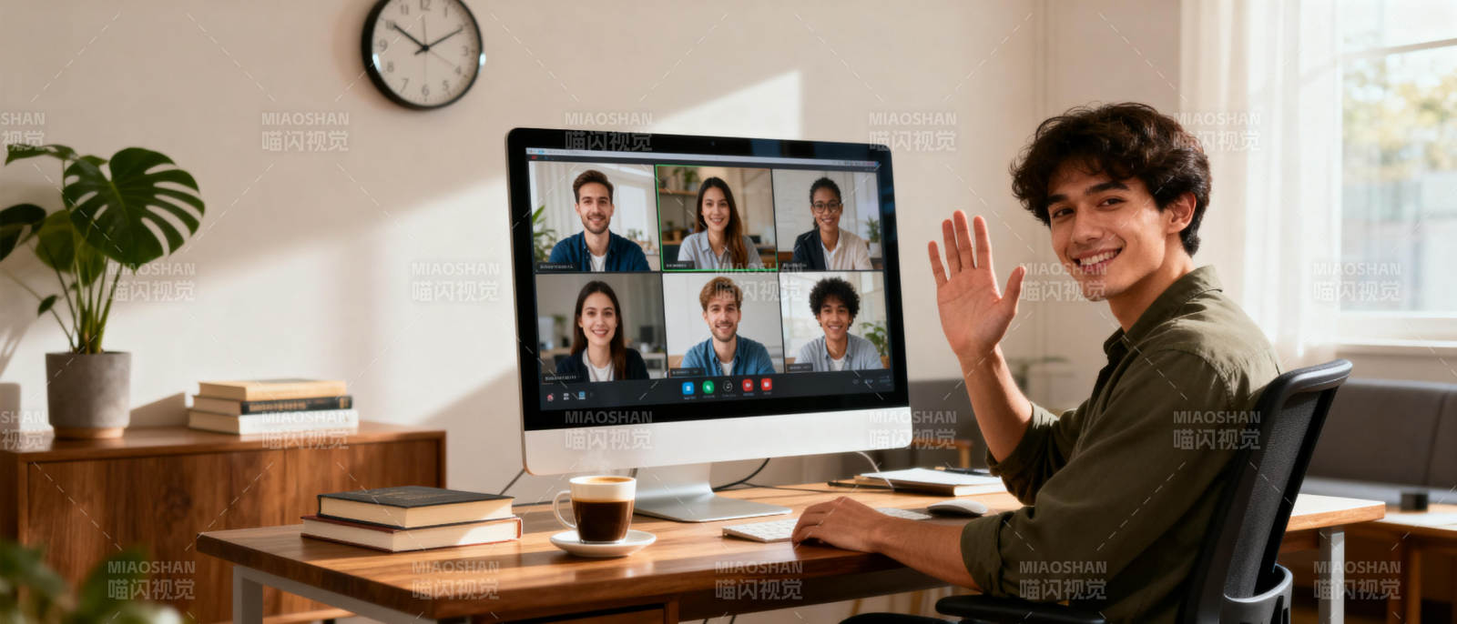 线上会议 挥手致意图片