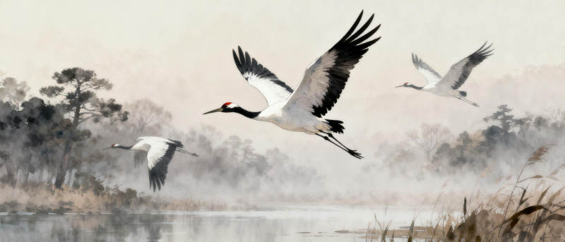 鹤舞晨雾图片