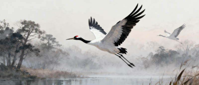 鹤舞晨雾图片