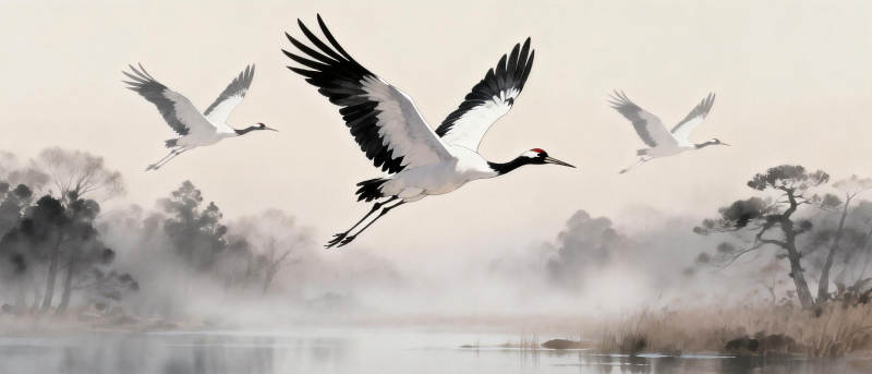 鹤舞晨雾图片