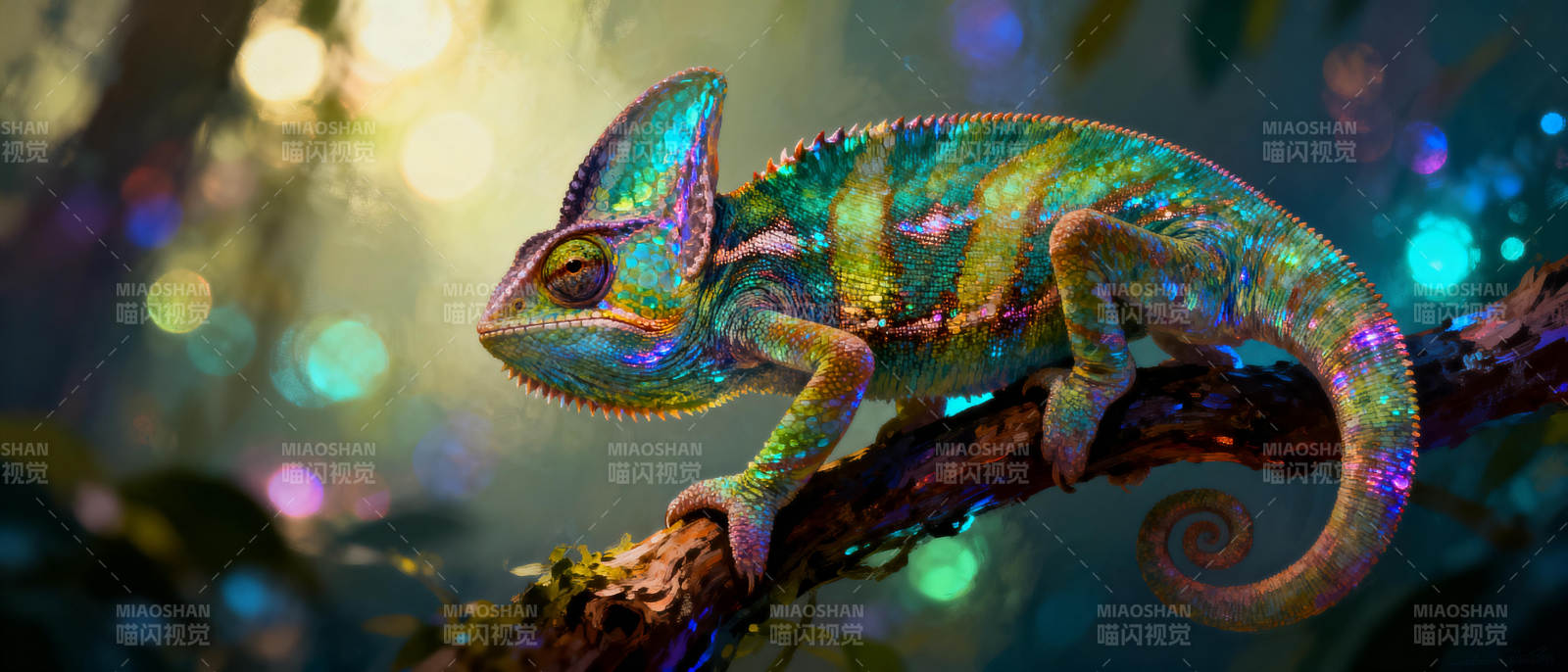 彩虹变色龙栖息枝头图片