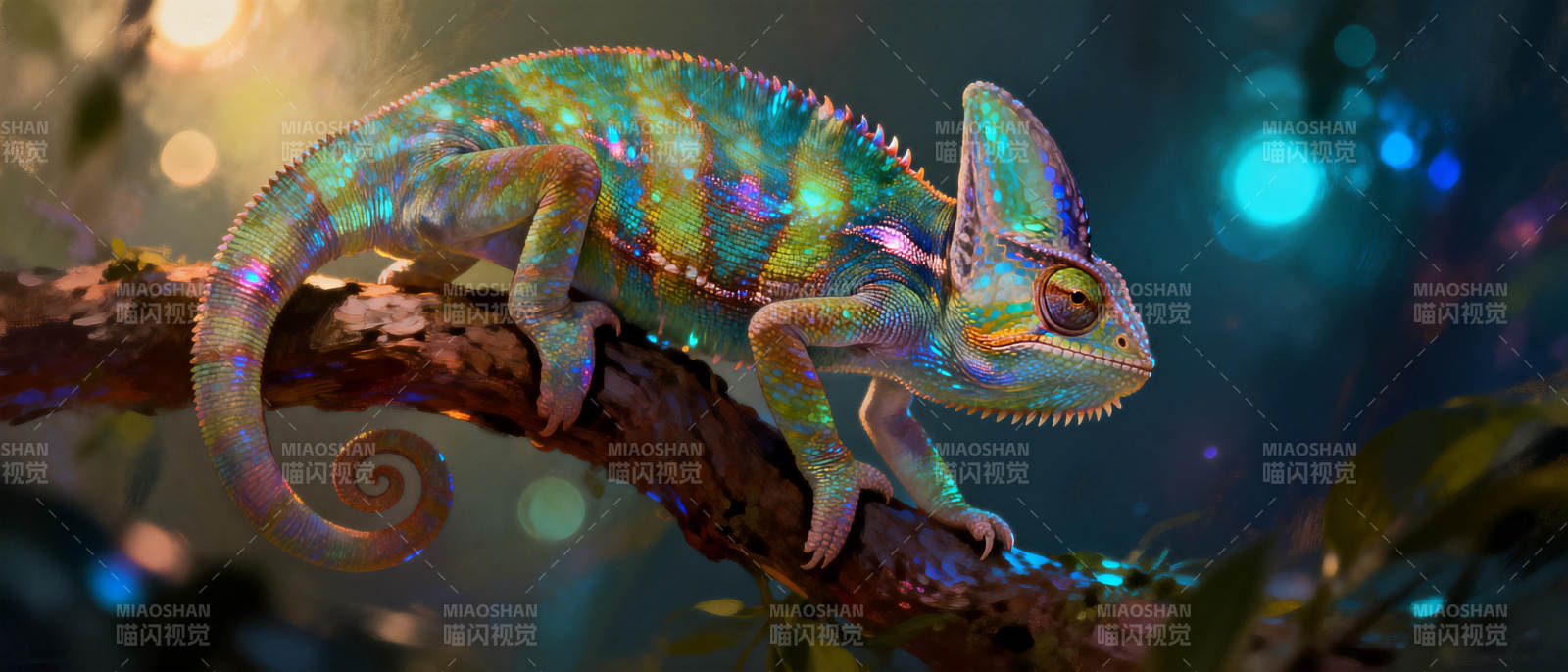 彩虹变色龙栖息枝头图片