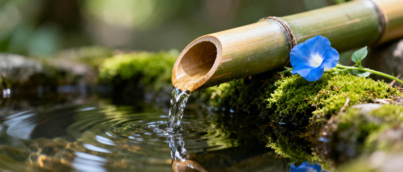 竹流清泉 蓝花相伴图片