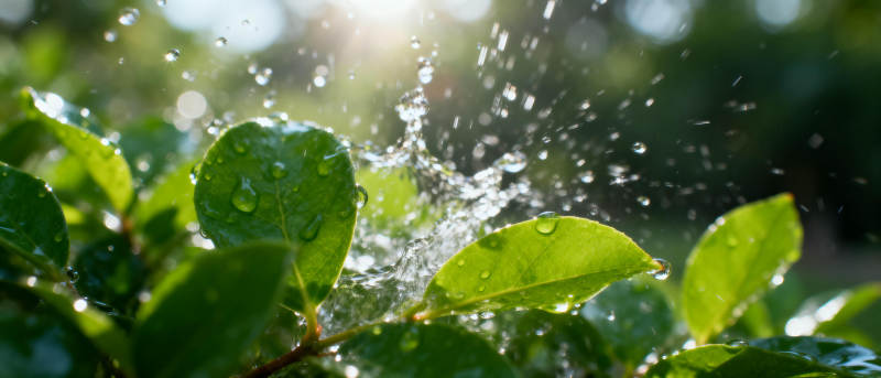 水珠飞溅绿叶间图片