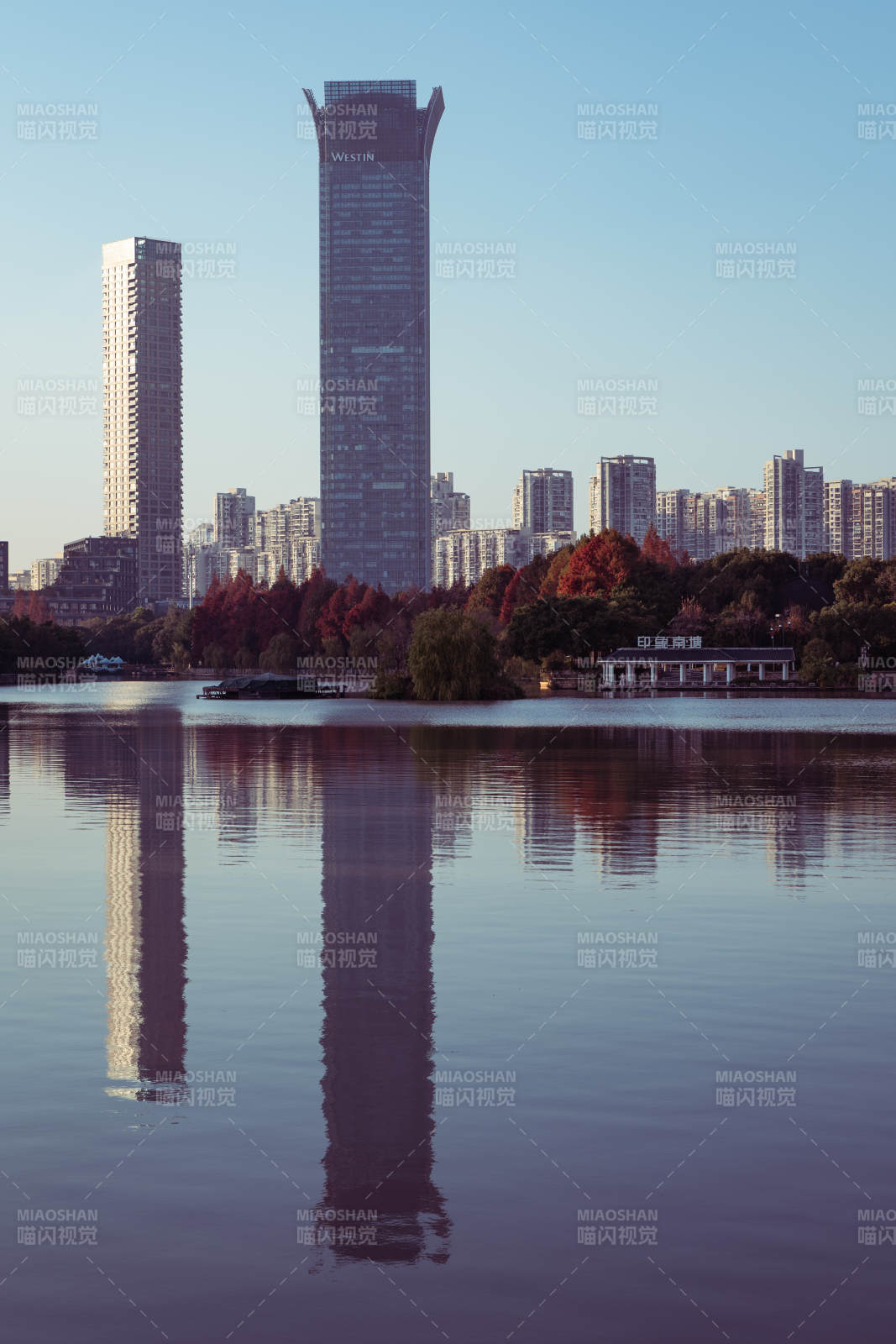 温州南塘湖畔高楼倒影图片