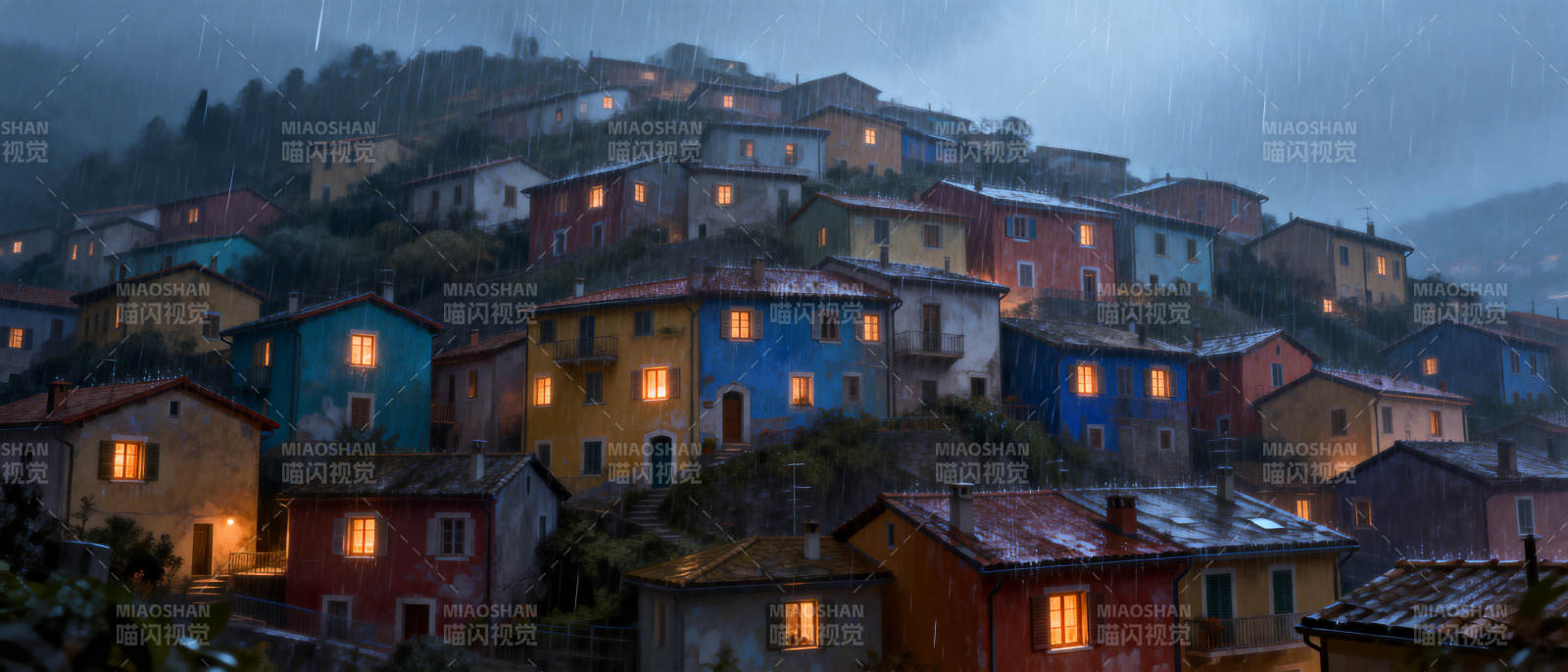 雨夜山居灯火图片