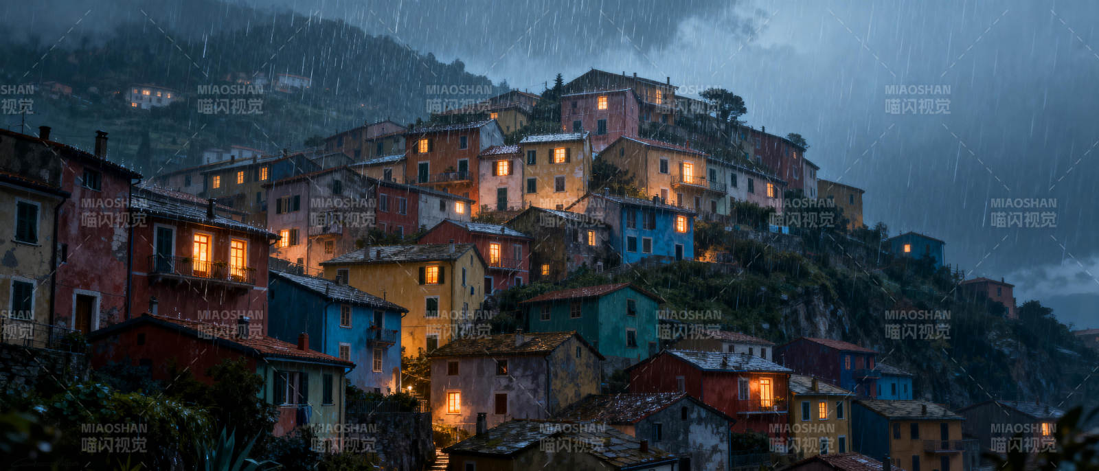 雨夜山城灯火图片