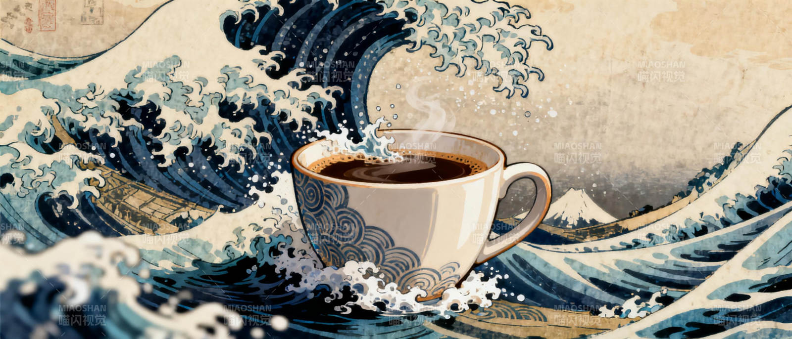 浪涛中的咖啡杯图片