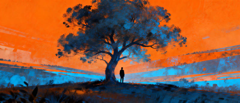 孤树剪影 橙蓝天际图片