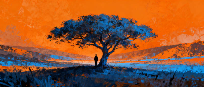 橙蓝树影人影图片