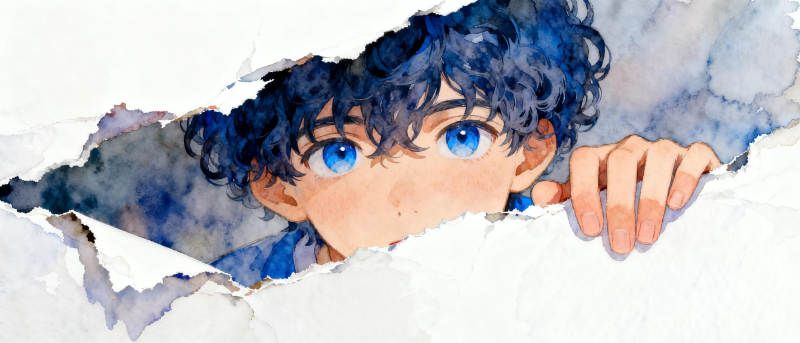 破纸窥视的蓝眼少年图片