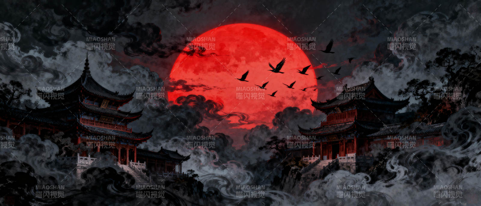 血月映古刹图片