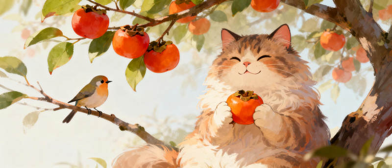 猫享柿果 鸟栖枝头图片