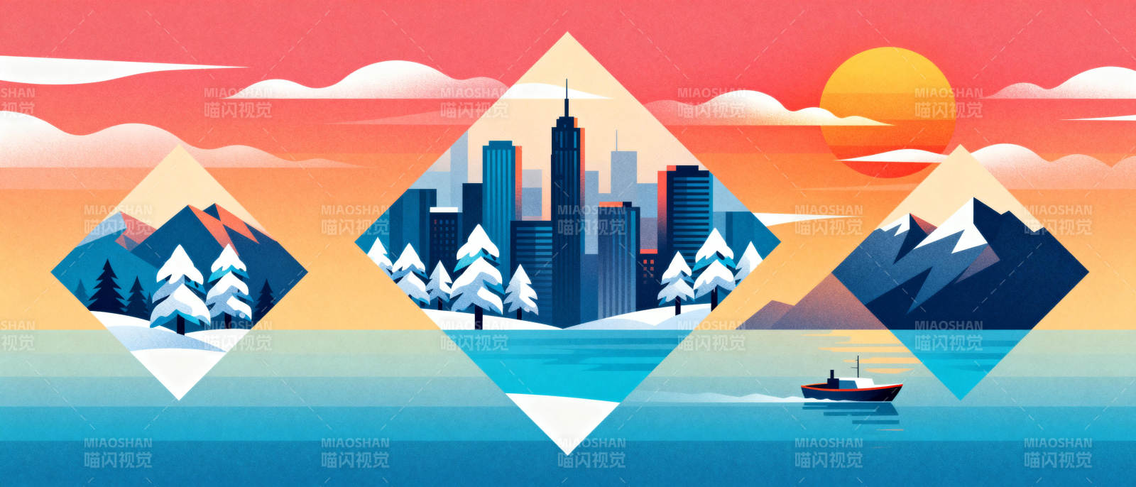 城市山水画卷图片