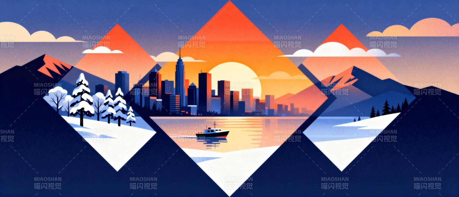 雪景都市日落图图片