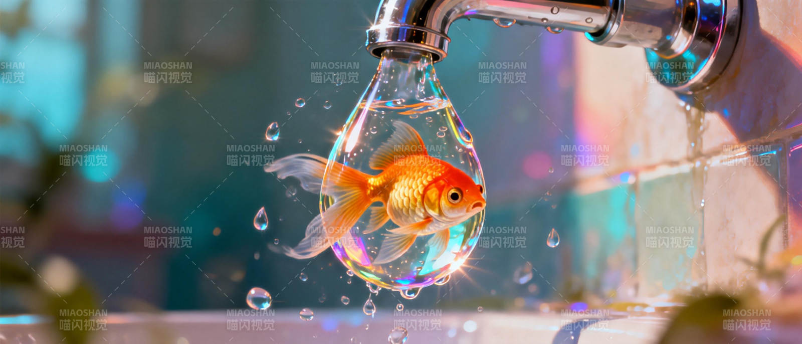 金鱼在水滴中游动图片
