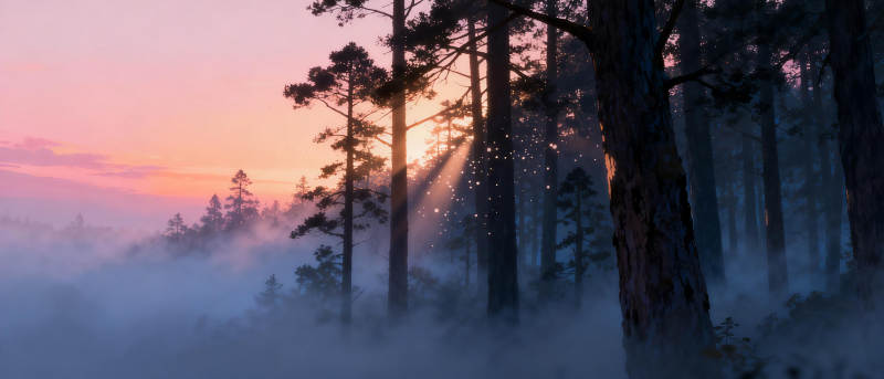 晨雾林间日出图片