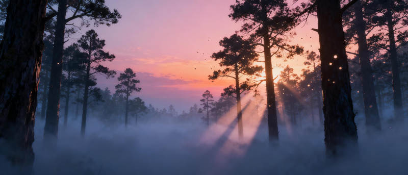 晨雾森林日出图片
