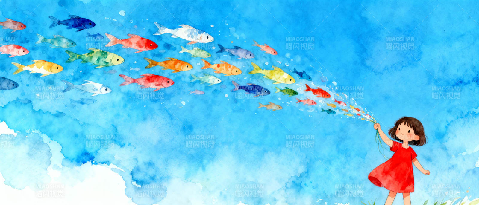 女孩放飞彩色鱼群图片