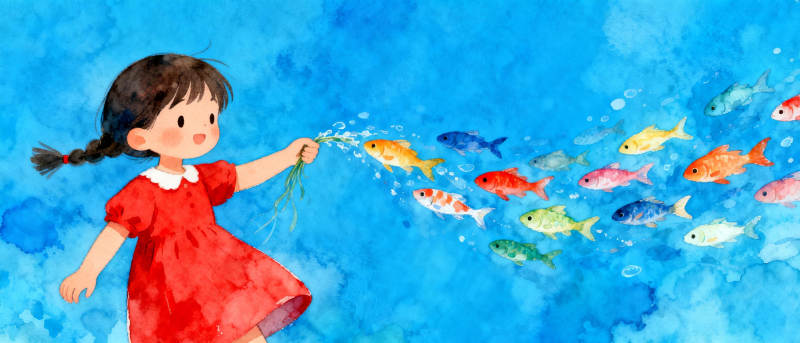 小女孩喂鱼图片