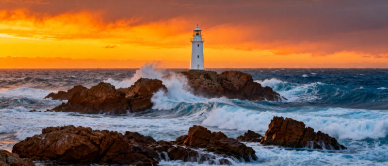 灯塔映晚霞图片