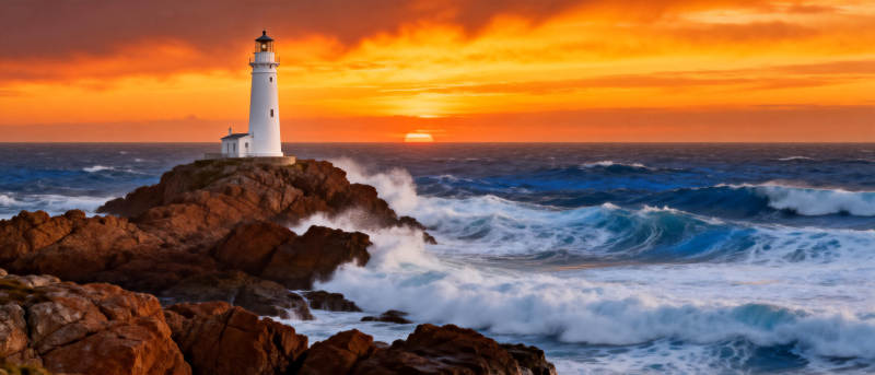 灯塔日落海浪图片