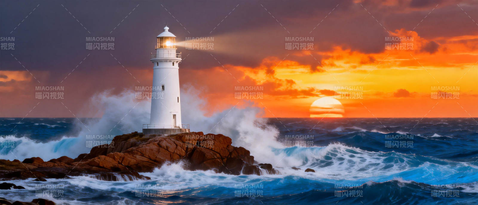灯塔守望海天日落图片