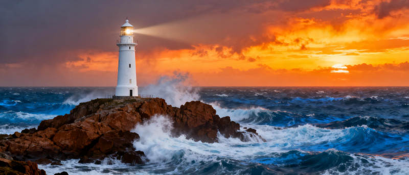 灯塔映晚霞图片