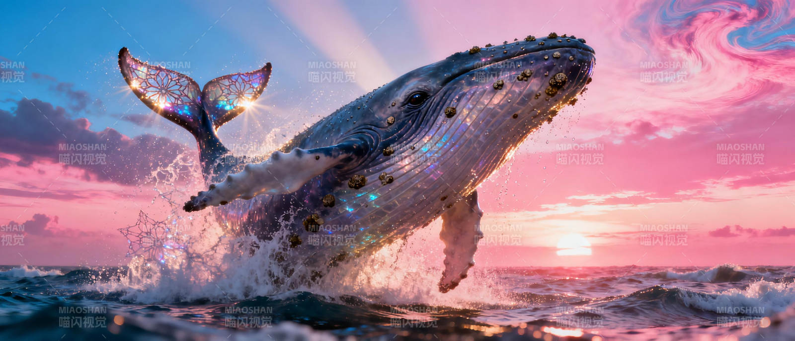 鲸跃霞光图片