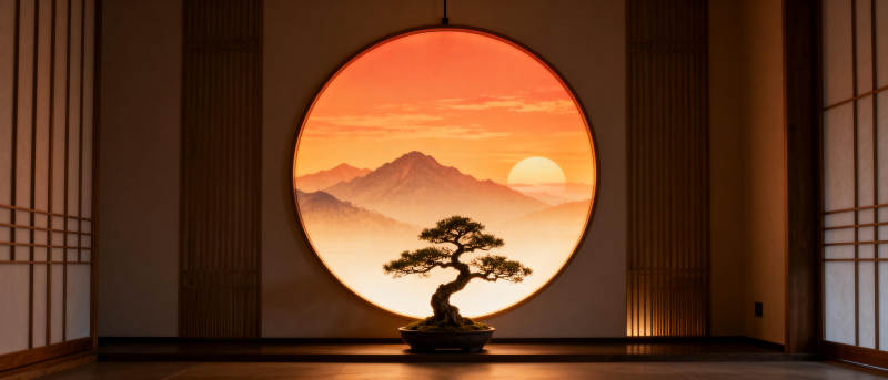 圆窗映山日 盆景静谧图片