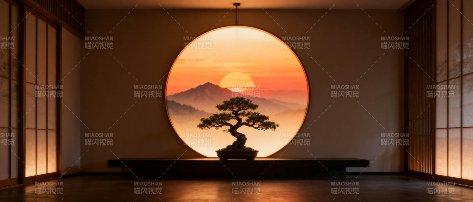 禅意日落盆景图片