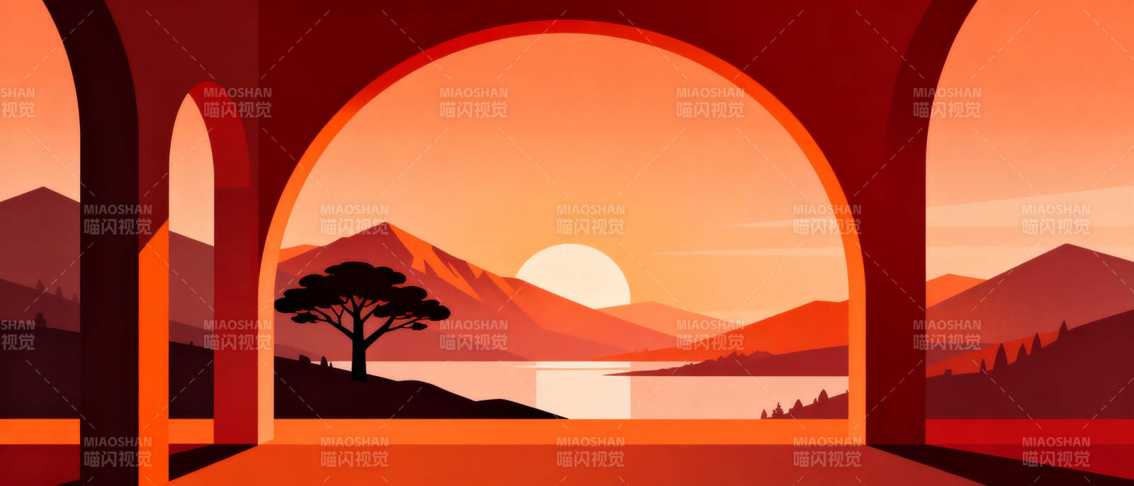 夕阳山影映拱门图片