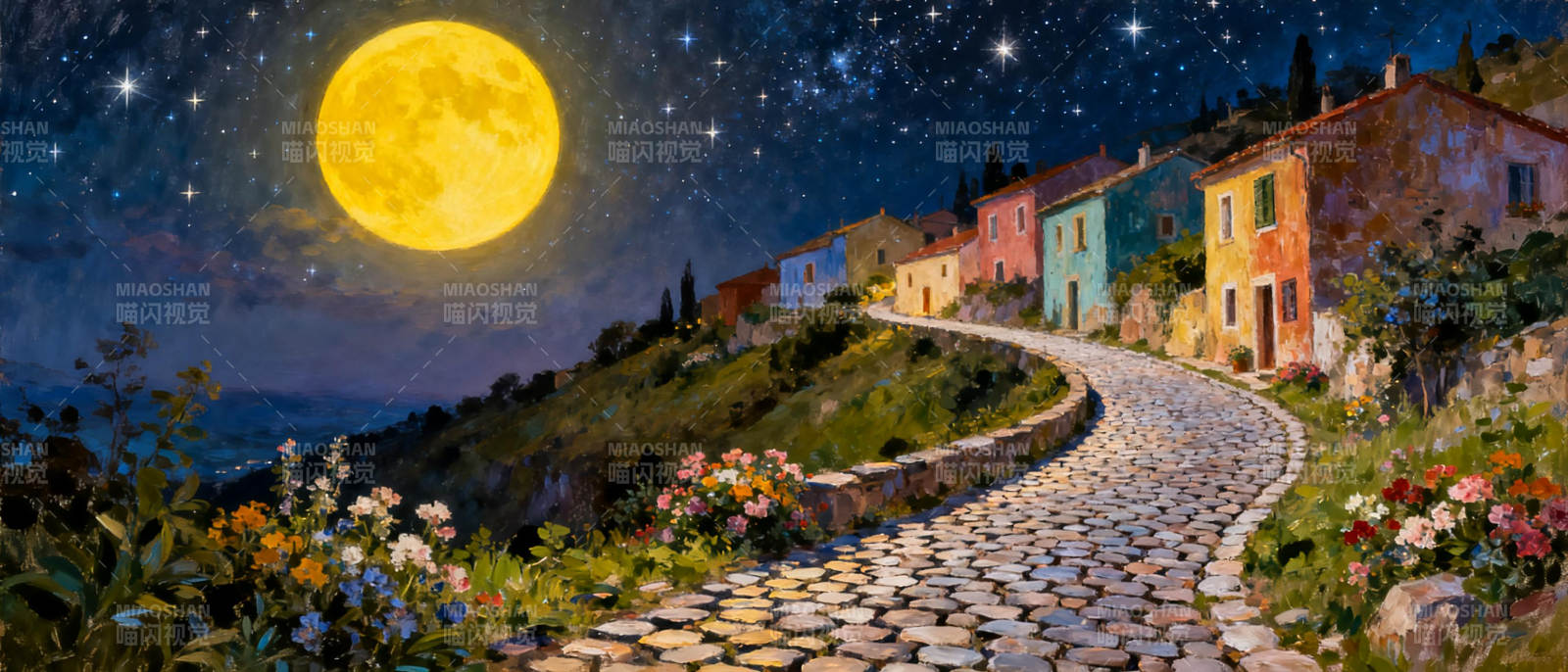 月夜彩村小径图片