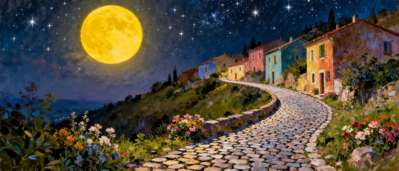 月夜彩村小径图片