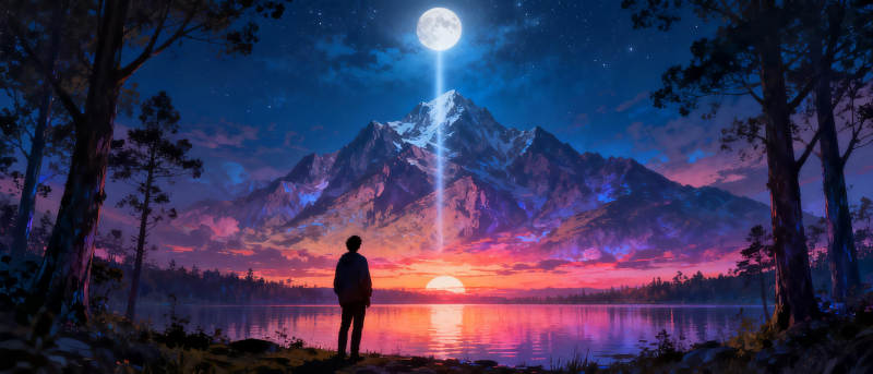 月照山湖夜景图片