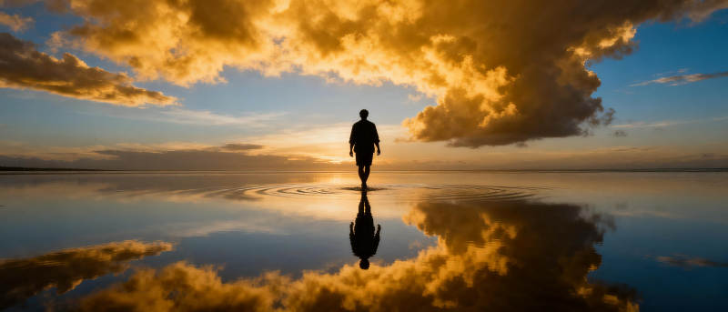 夕阳下的倒影行者图片