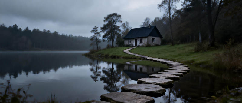 湖畔小屋静谧景图片