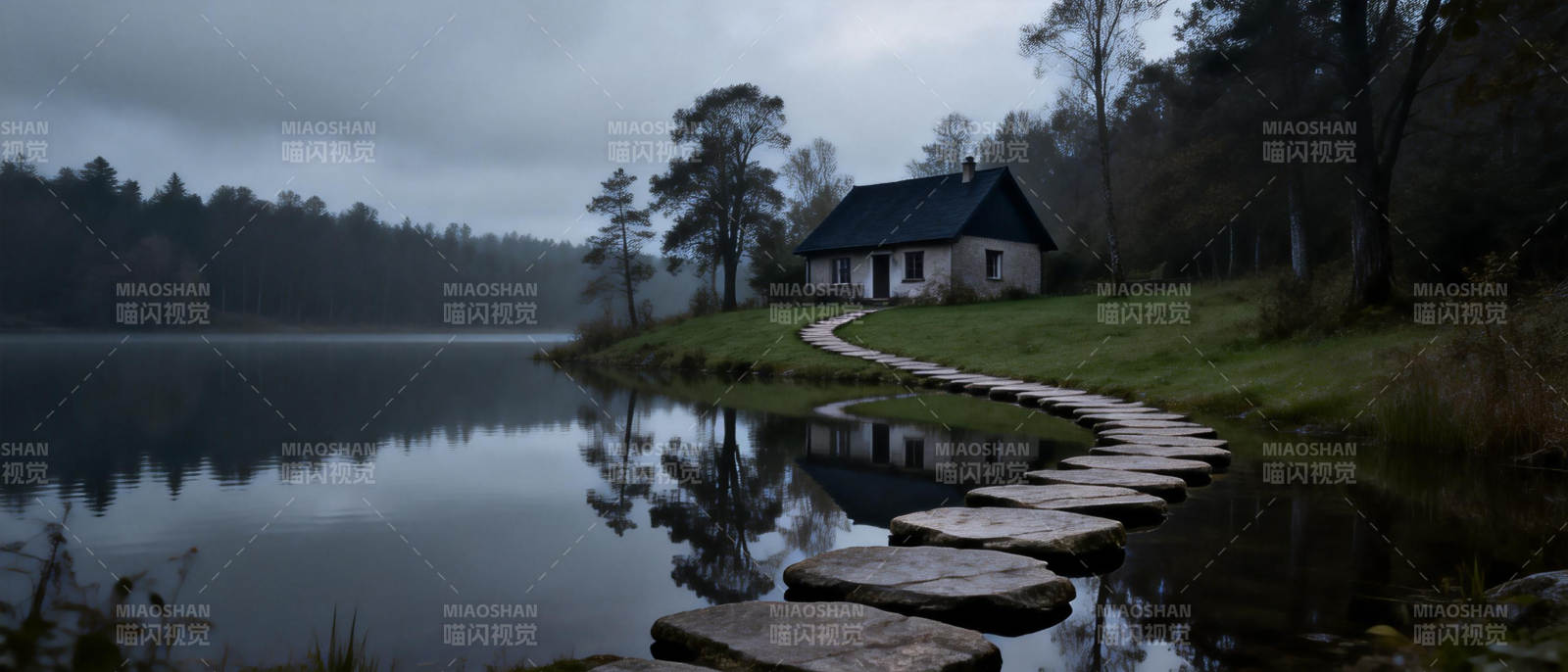 湖畔小屋静谧景图片