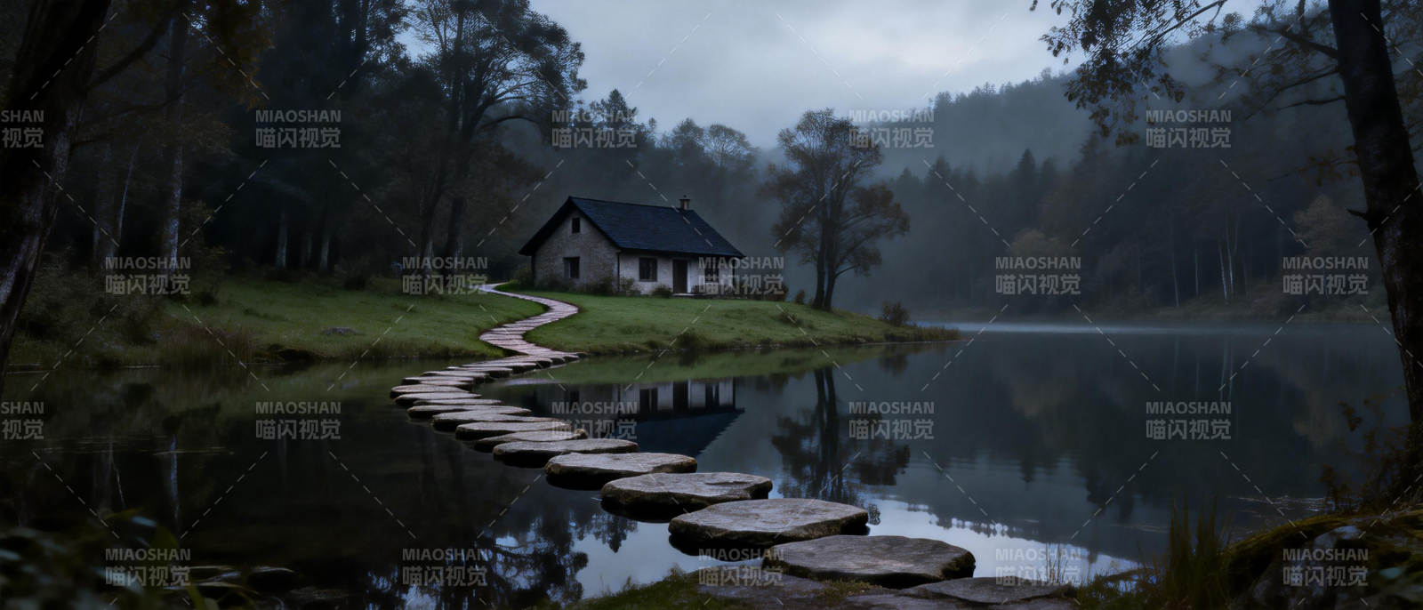 湖畔小屋静谧夜图片