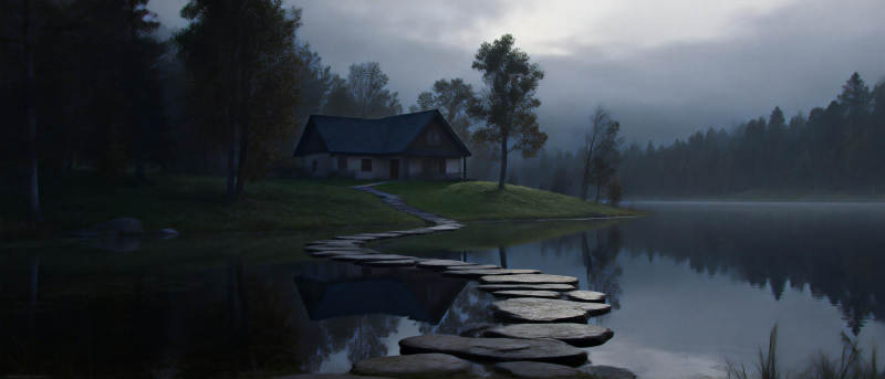 湖畔小屋静谧夜图片