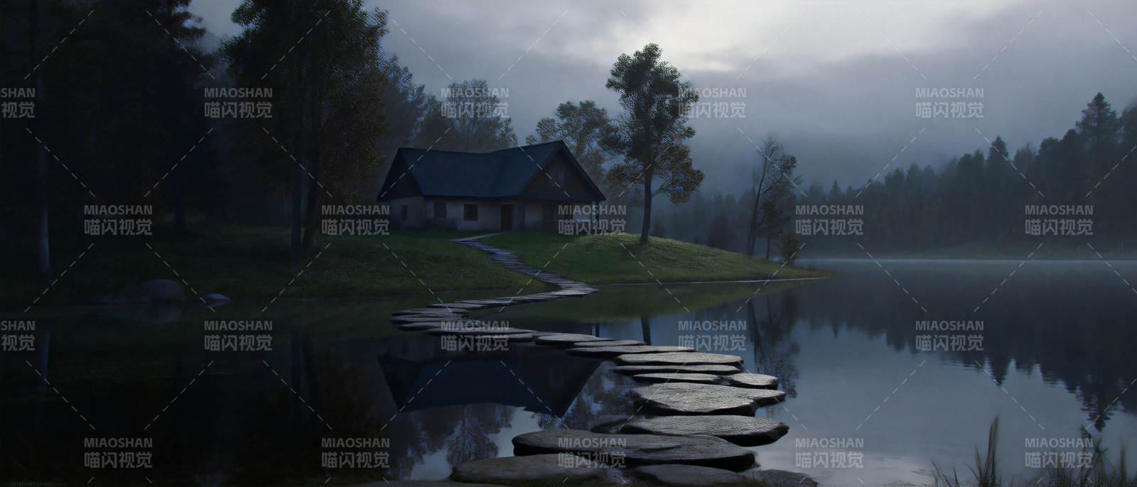 湖畔小屋静谧夜图片