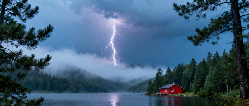 雷电劈湖畔红屋图片