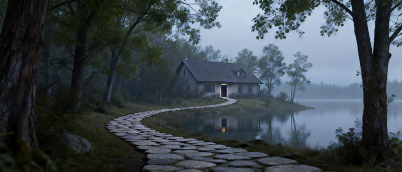 湖畔小屋静谧夜图片