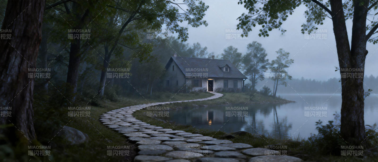 湖畔小屋静谧夜图片
