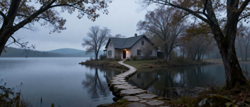 湖畔小屋夜景图片