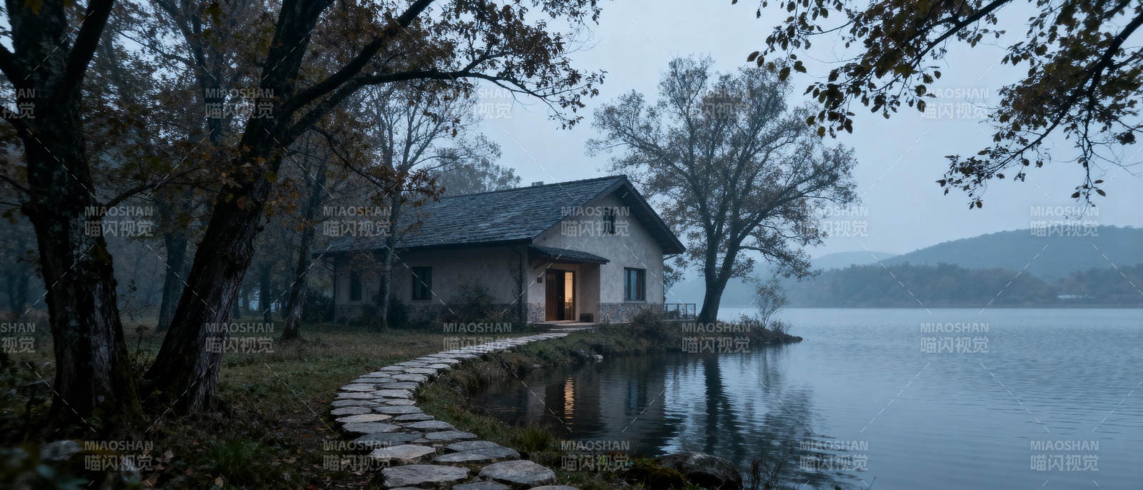 湖畔小屋静谧夜图片