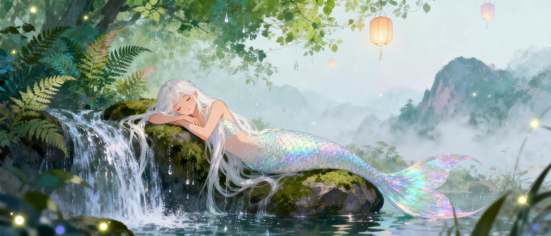 梦幻美人鱼栖息溪畔图片