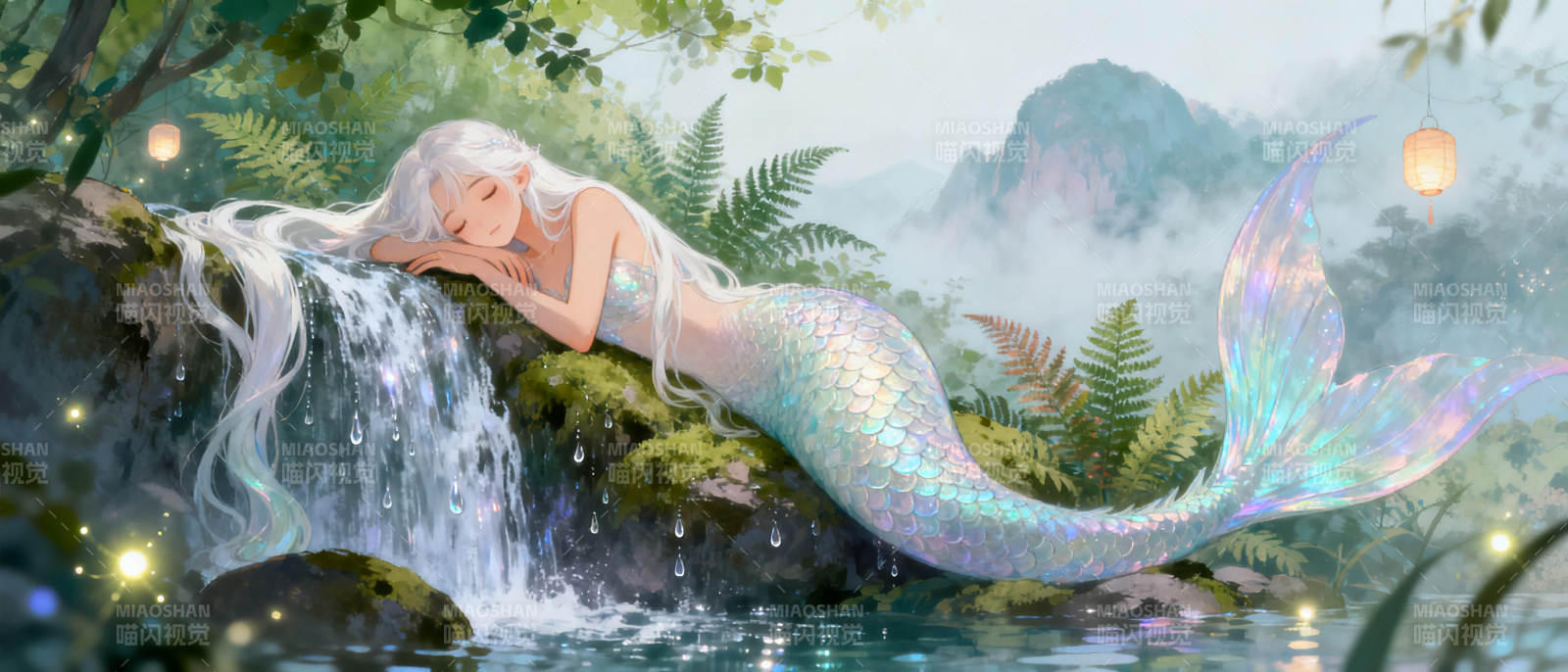 梦幻美人鱼栖息瀑布图片