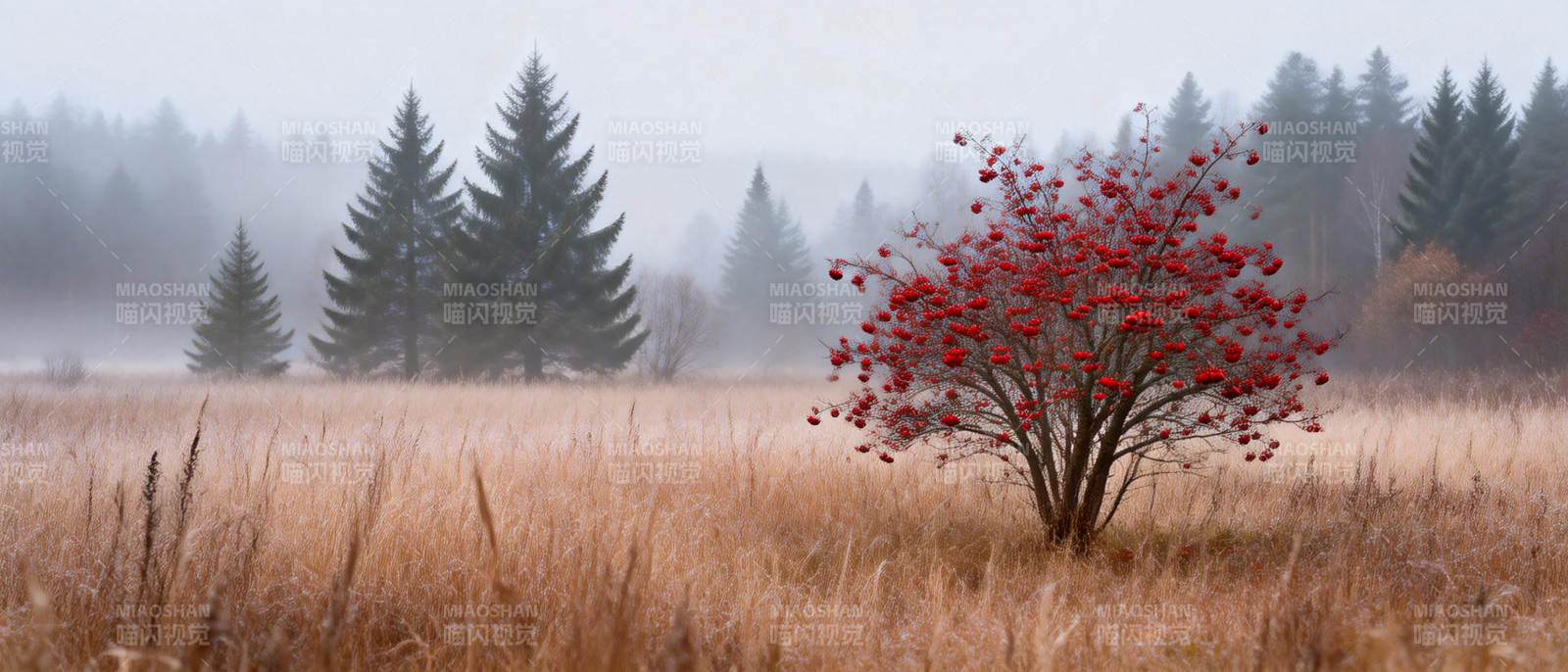 红叶孤树雾中立图片